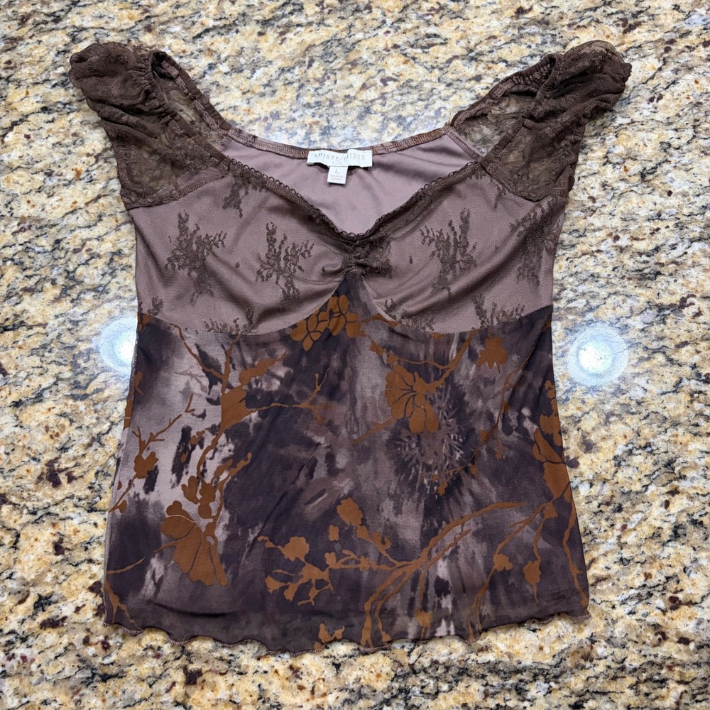Thirty Thirty LA Brown Floral Mesh Lace Trim Cap Sleeve Top L Y2K Fairycore v